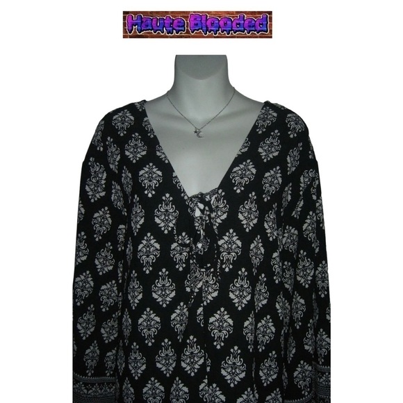 Pacific Beach Bohemian Shirt Dress Black & White Boho Print Tie Neck Plus Sz 3X - Picture 5 of 13